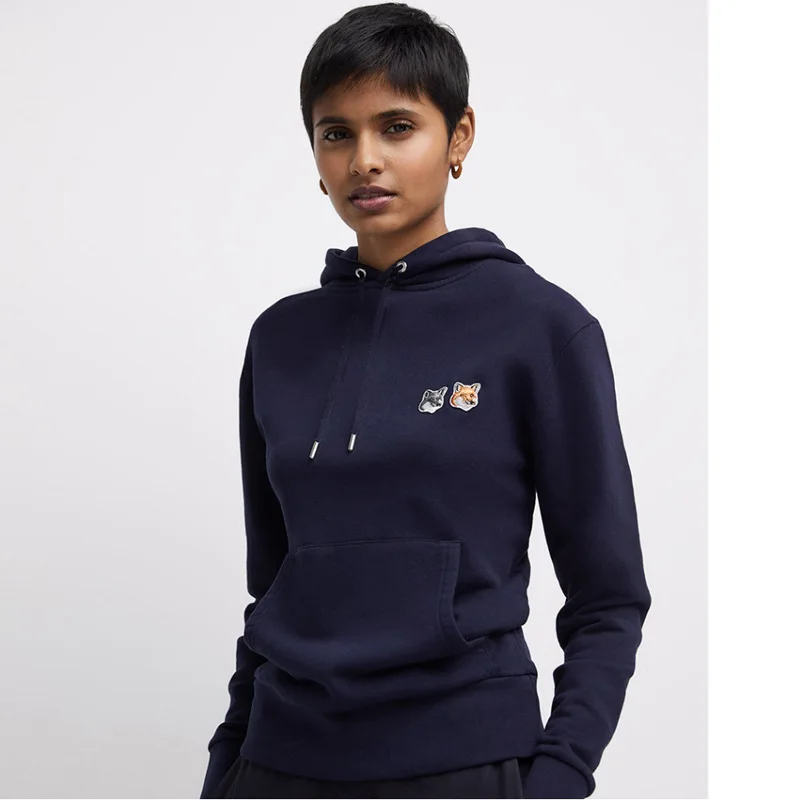 

Slim Fashion Ladies Autumn New Fox Embroidery Cotton Hoodies Female High Street Loose Pullovers Lovers Casual Black Top ML014