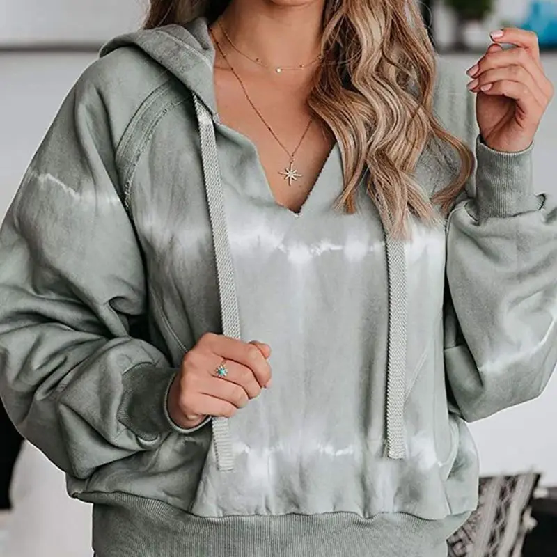 

Womens Autumn Long Sleeve Drawstring Hoodies Sexy V-Neck Loose Pullover Tops Tie-Dye Stripes Printed Casual Short Sweatshirt wit