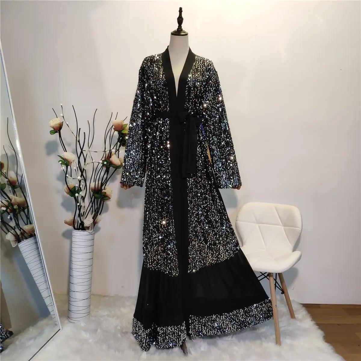 Black Open Abaya Sequin Kaftan Dubai Muslim Cardigan For Women Long Maxi Dress Jilbab Ramadan Luxury Kimono Party Cocktail Robe |