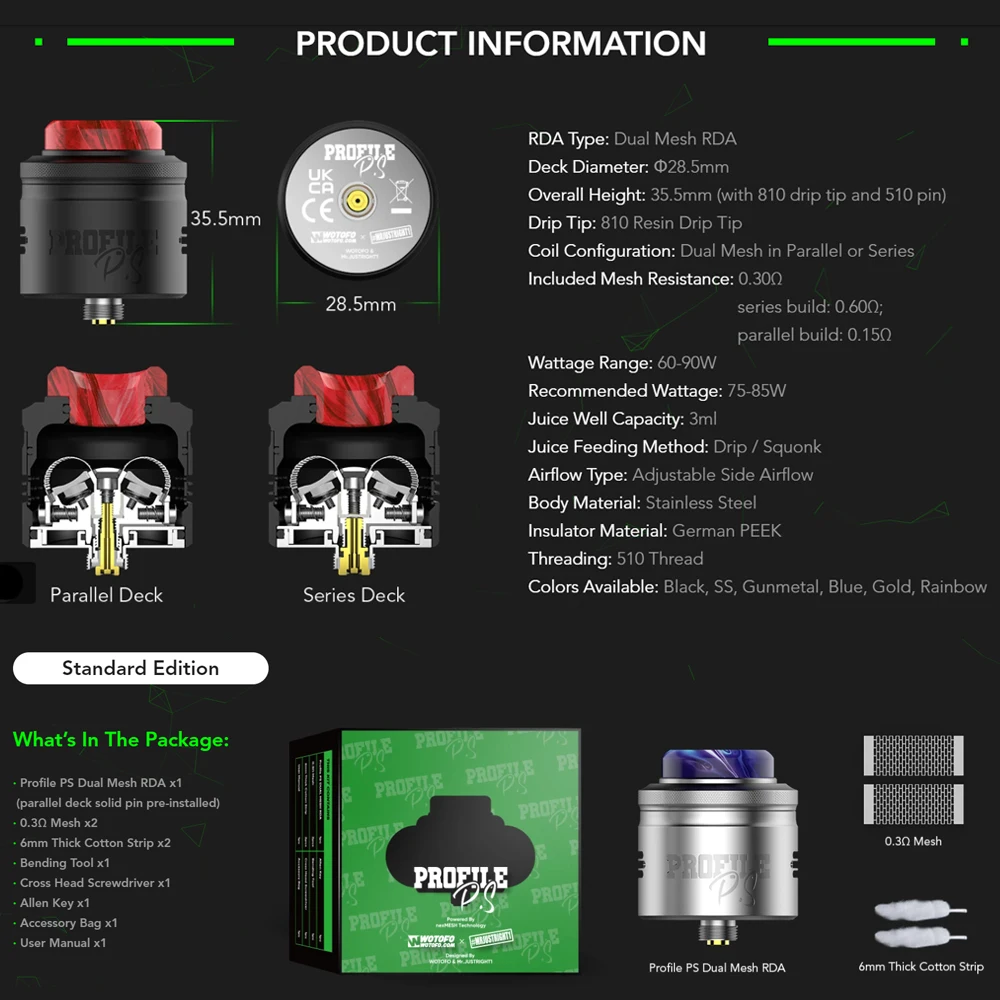 Оригинальный профиль Wotofo PS Dual Mesh RDA на 510 год |