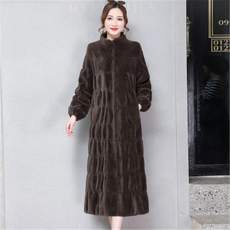 6XL 2019 noble Winter  Crown Mink Coat Real Fur Plaid Coat Full Pelt Mandarin Collar X-Long Women's Mink Coats 871