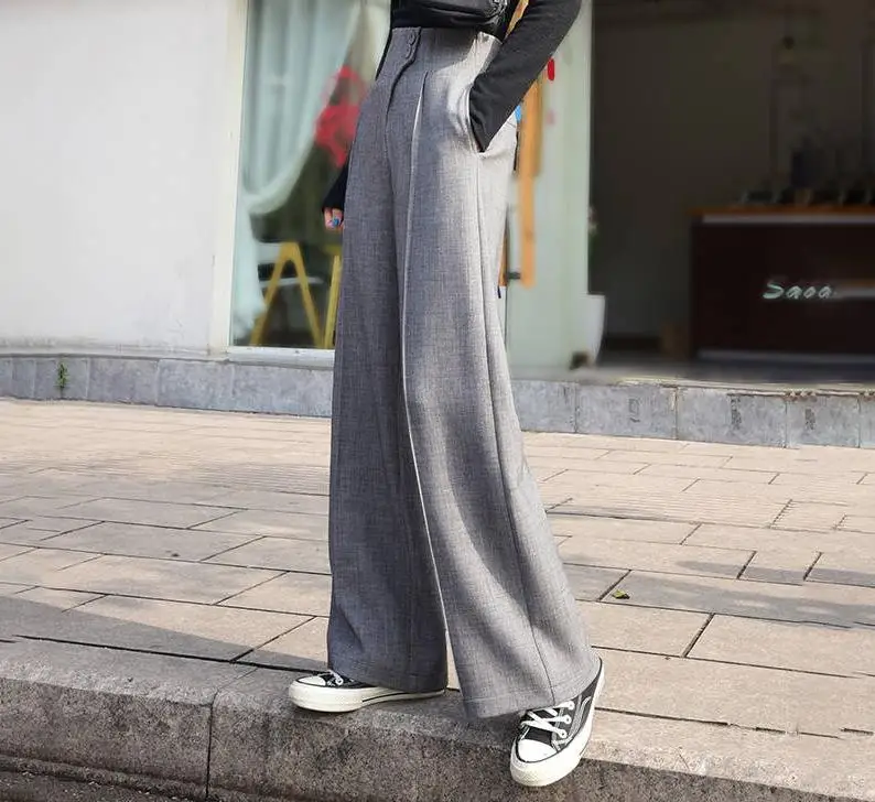 Summer 2021 Female Women High Waisted Wide Leg Grey Black Loose Pants Korean Style Woman Fashion Office Trousers | Женская одежда
