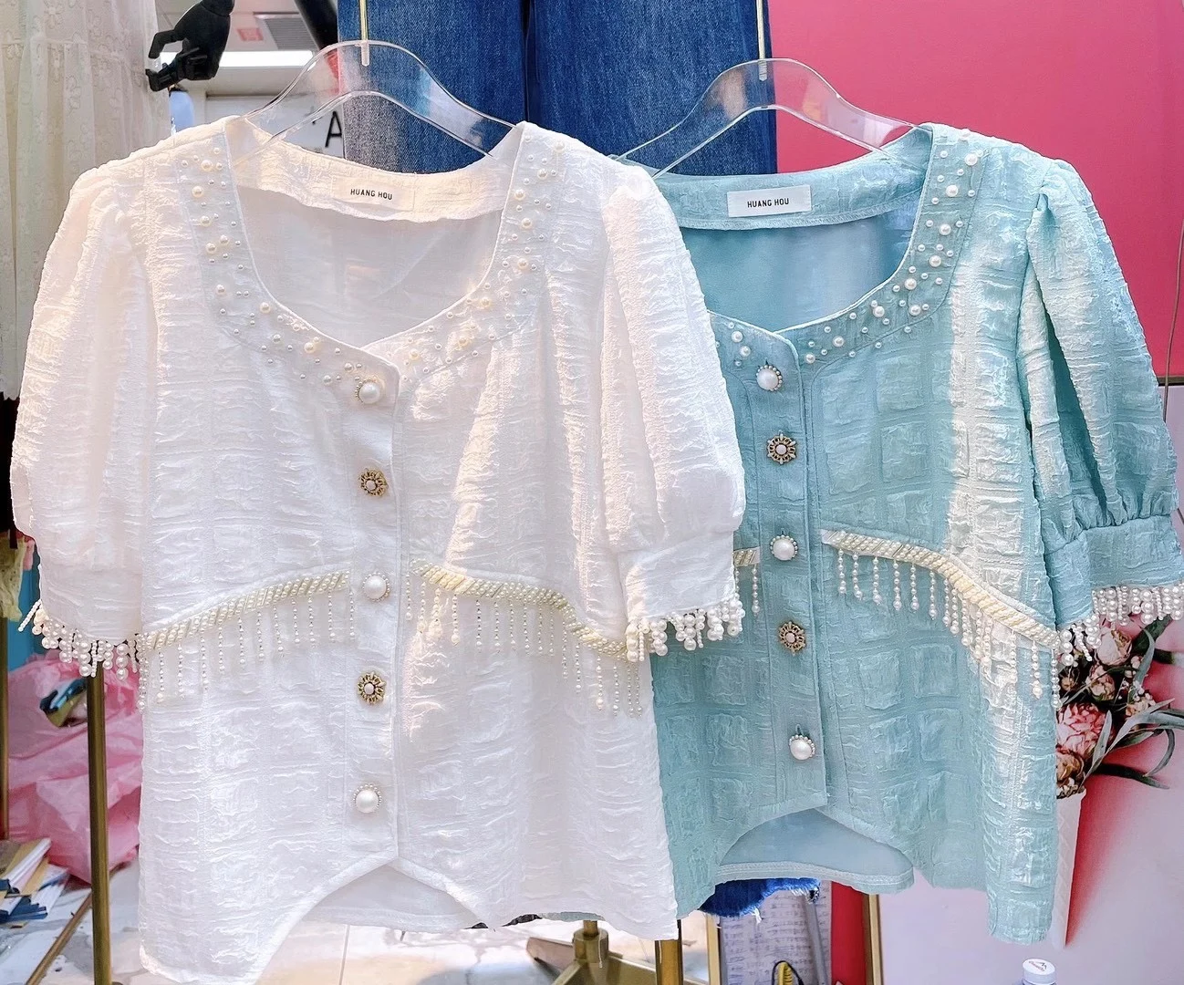 

2021 Summer French Chiffon Women New Beads Tassel Shirt Square Collar Loose Ladies Blouses Fashion Elegant Streetwear Top