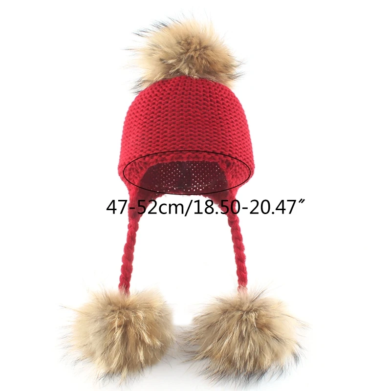 

Toddler Baby 3 Raccoon Fur Ball Beanie Autumn Winter Warm Solid Color Knitted Hat Earflap Children Ear Protection Cap