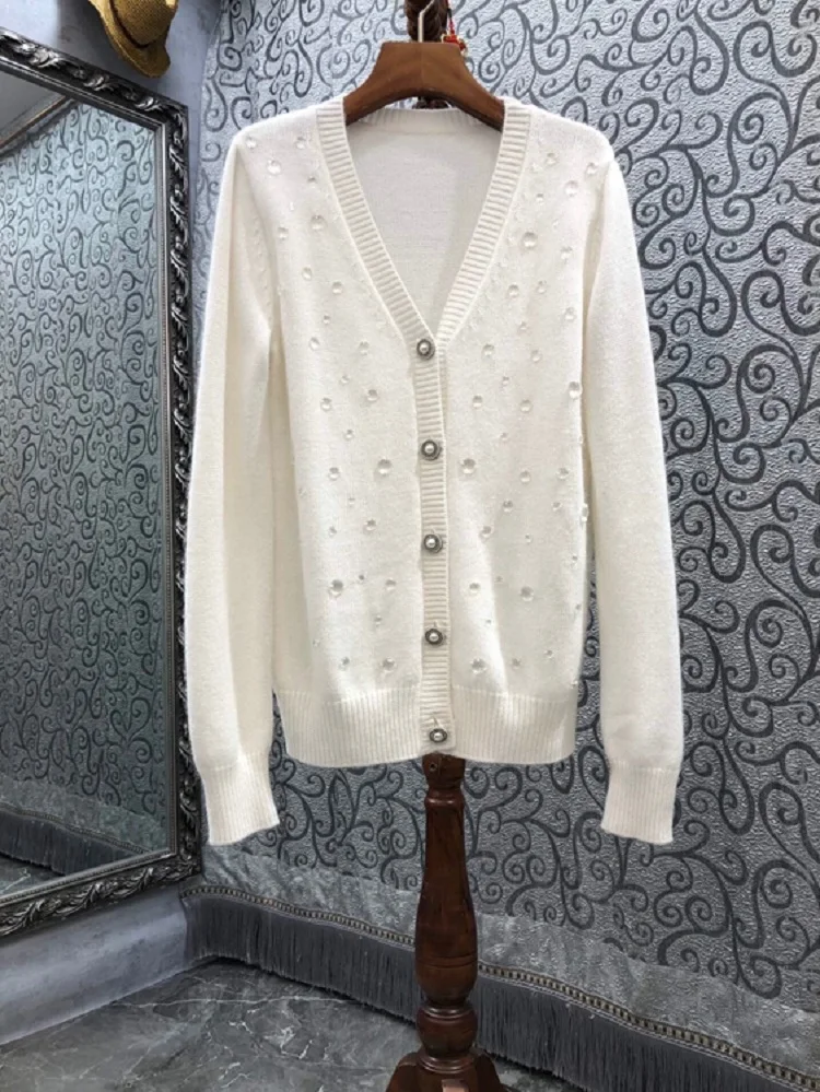 High Quality White Pink Cardigans High Quality Women V-Neck Diamond Beading Deco Long Sleeve Casual Knitted Sweater Cardigan