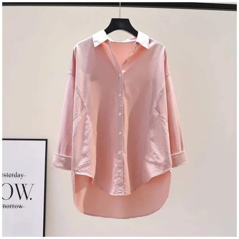 

Рубашка женская из 95% хлопка, белая блузка, новинка 2021, длинные рубашки с карманами розового цвета, офисные корейские свободные топы с длинны...