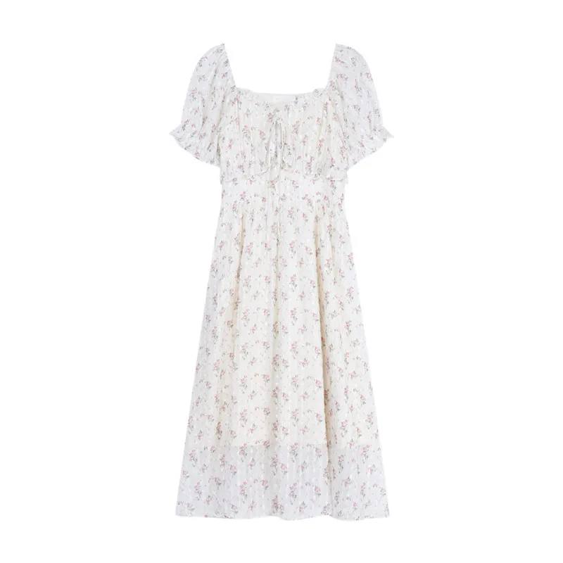 

Apricot Long A-line Skirt Female Summer French First Love Sweet Puff Sleeve Chiffon Floral Dress High Waist New V-neck