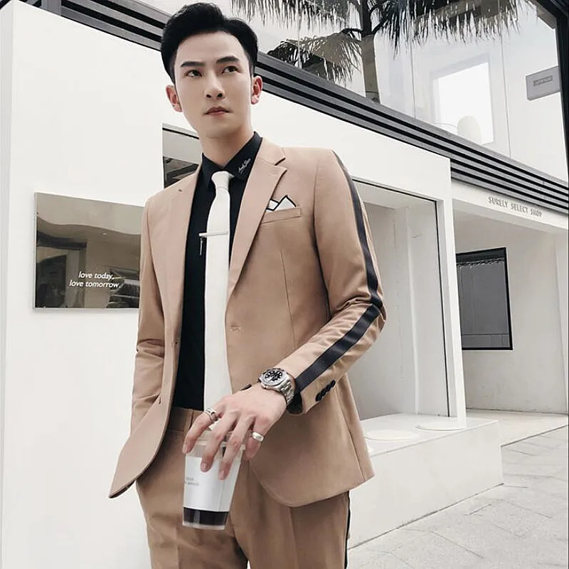 (Пиджак и брюки) роскошный мужской классический костюм цвета хаки комплект из 2