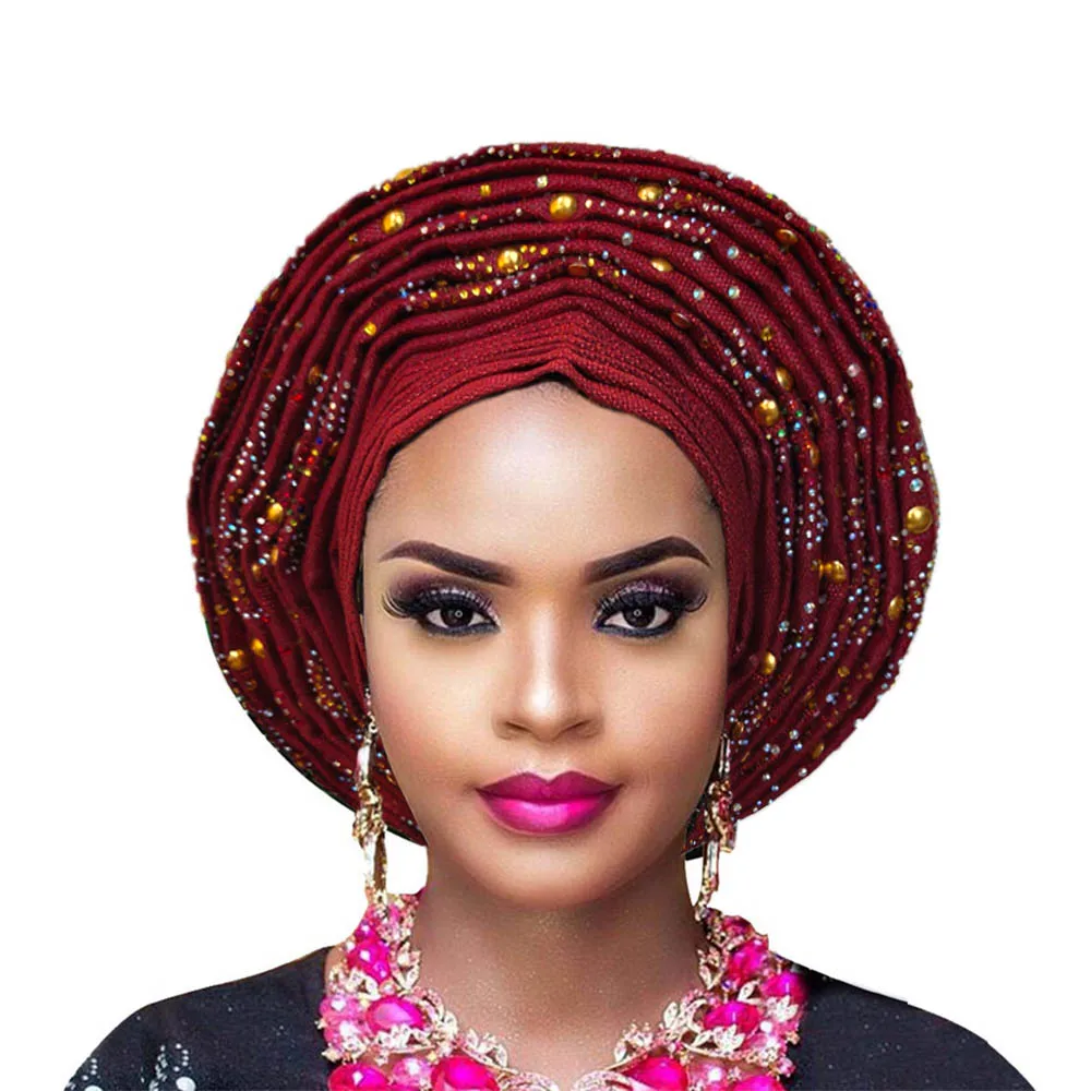 wine Африканская повязка aso OKE Auto Gele с бисером африканская Дамская повязка на голову для aso ebi свадьбы - Цвет: wine