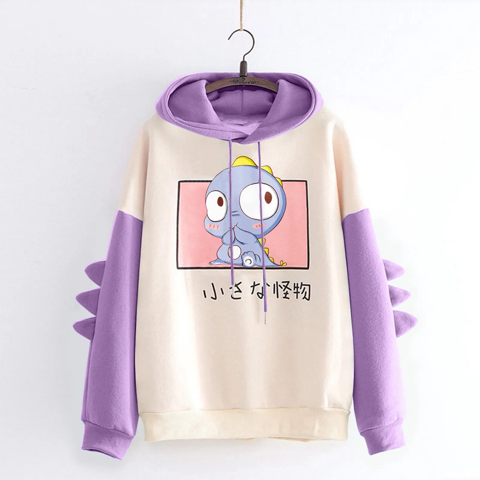 Women Hoodie Cartoons Crewneck Clothes Vintage Loose Sweatshirt Street Kawaii Dinosaur Print Long Sleeve Splice Hoodies Tops