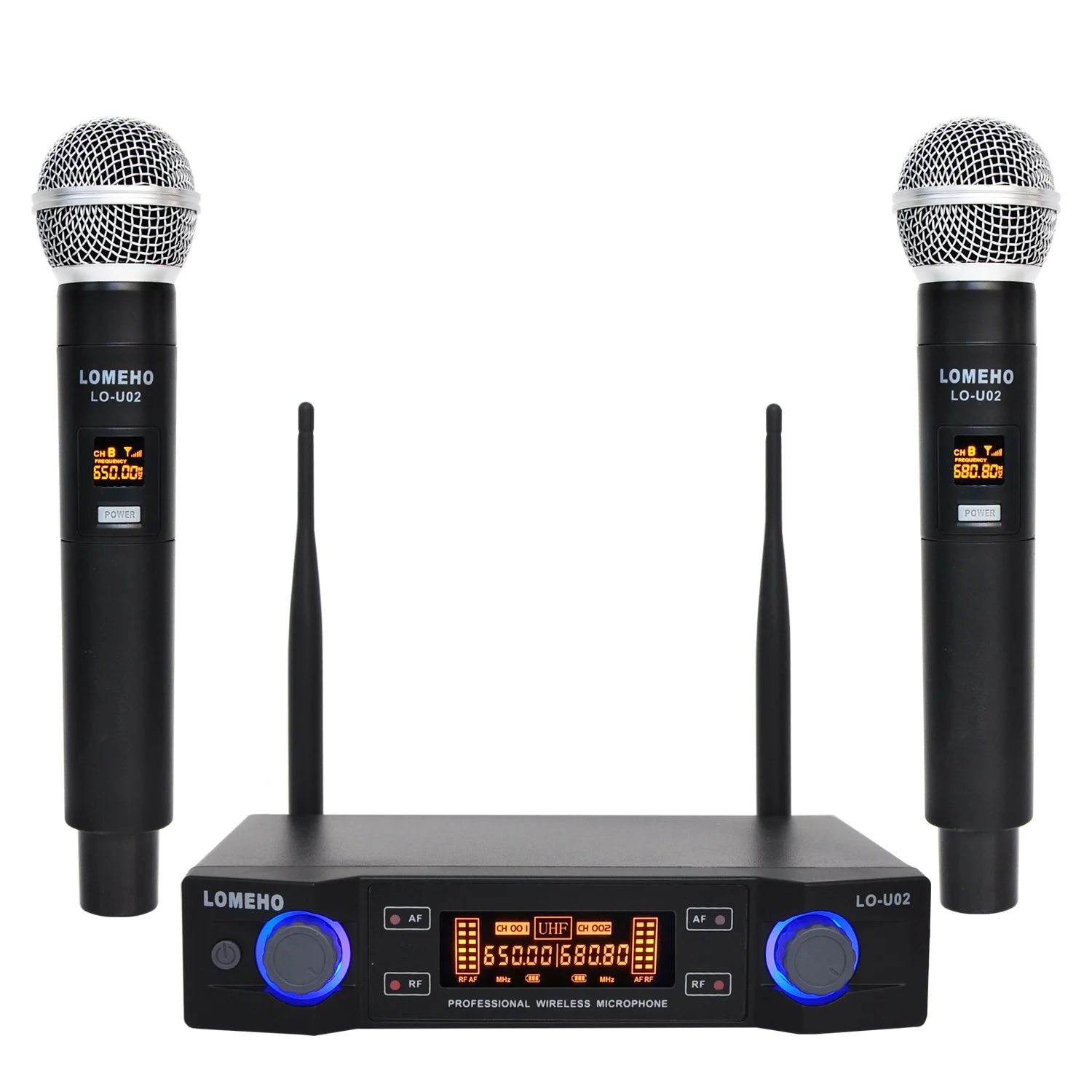 LO-U02 Easy-to-use Professional 2 Handheld UHF Frequencies Dynamic Capsule 2 Channel Wireless Microphone for Karaoke System