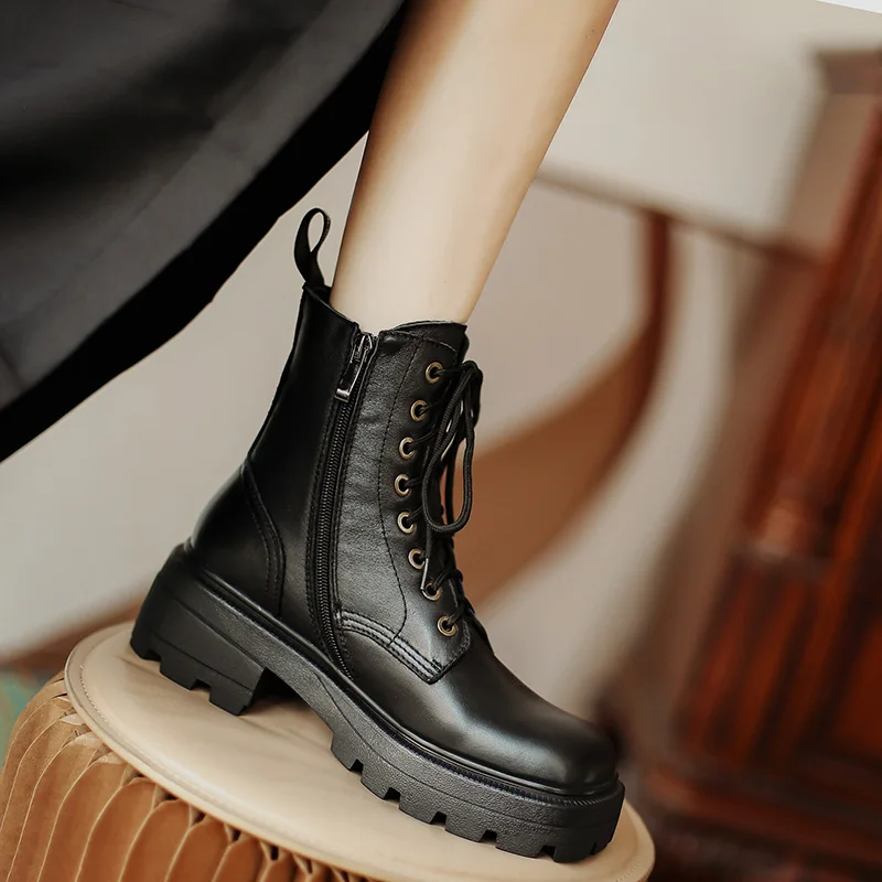 Murah Sepatu Bot Martin Kulit Sapi Asli Sepatu Bot Pergelangan Kaki Platform Sepatu Bot Pergelangan Kaki Datar Ujung Persegi Berenda Gaya Inggris