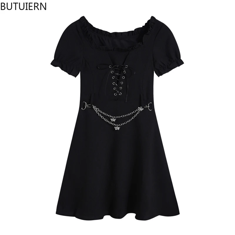 

Women Short Sleeve Sexy Slim Black Dress With Chain Summer Gothic Party Club Bar Streetwear Crop Dresses Y2K Ins Vestidos Mujer