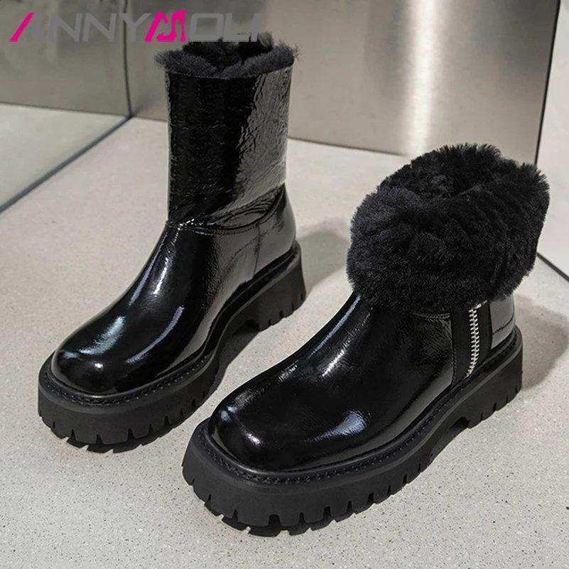 

ANNYMOLI Real Leather Ankle Boots Woman Med Heel Snow Boots Platform Block Heel Short Boots Zip Ladies Shoes Winter Warm Black