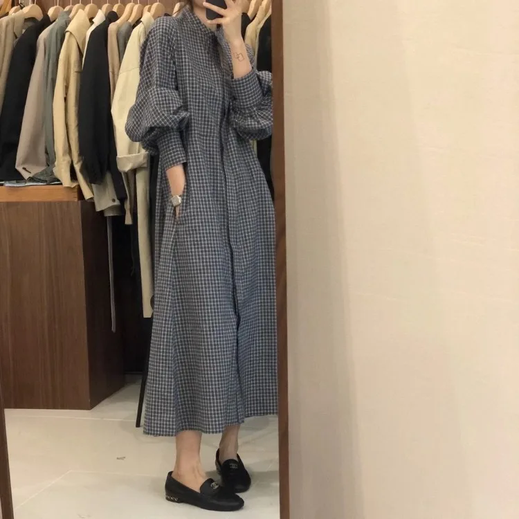 

Sutimine New Elegant Dresses for Women Korean Style Plus Size Dress Long Puff Sleeve Single-breasted Lattice Plaid Shirt Dresses
