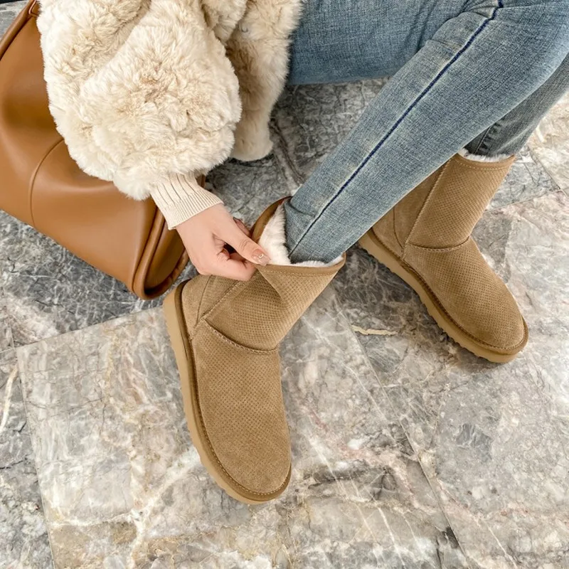 

Natural Genuine Cow Leather Suede Snow Boots for Winter Womens Real Sheep Wool Warm Australian Boots Female Size 43 Shoes Bottes