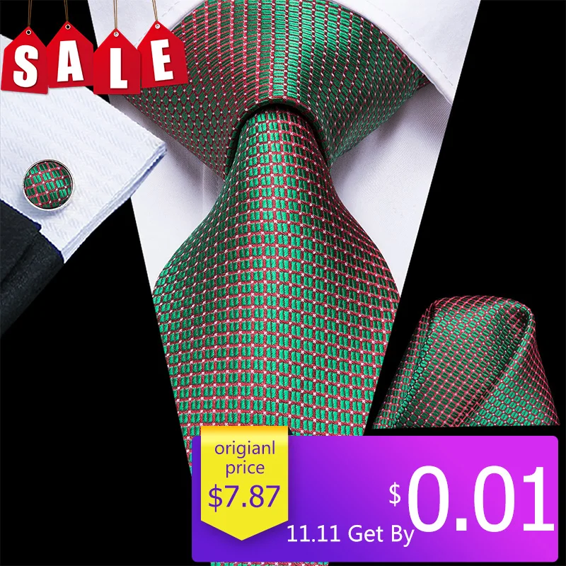 $0 01 Hi Tie зеленый Рождественский галстук для мужчин Hanky запонки набор 100% шелк