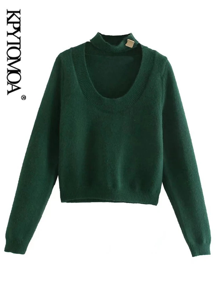 

Женский свитер KPYTOMOA с золотыми пуговицами, вязаный свитер с чокером, винтажные женские пуловеры с круглым вырезом и длинным рукавом, шикарн...