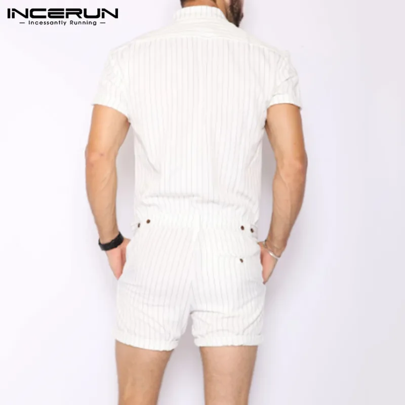 incerun striped men rompers breathable stand collar short sleeve joggers playsuits streetwear fashion men jumpsuits shorts s 5xl free global shipping