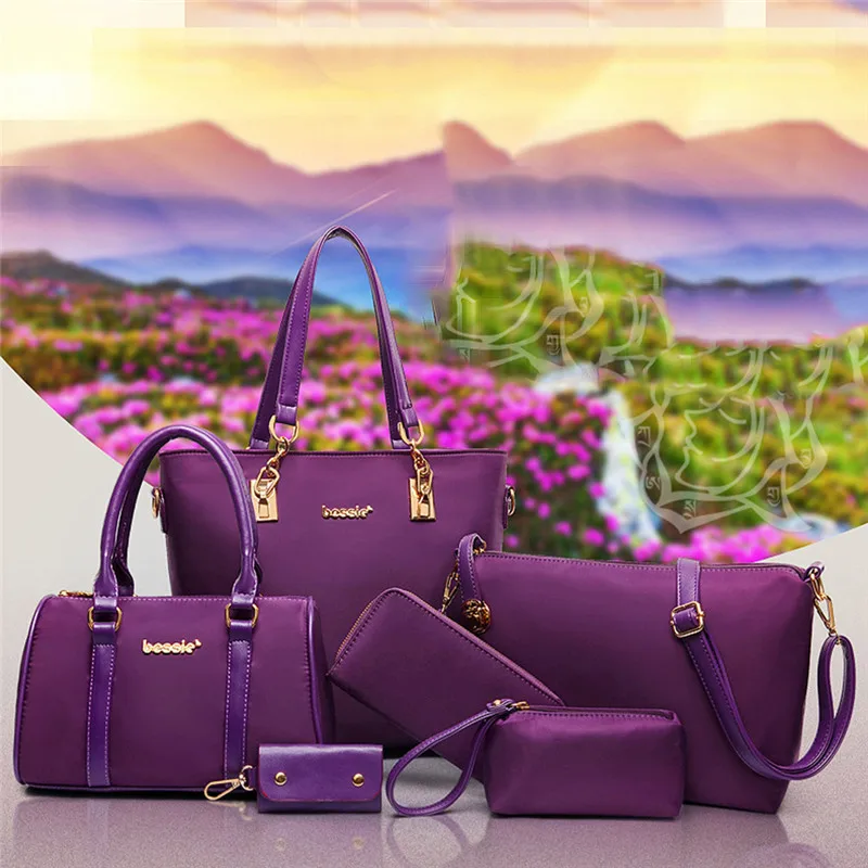 

2020 Six-piece Handbag Women's Shoulder Bag Fashion Outdoor Zipper Nylon Solid Color Travel Bag Casual Female Suitcase Tote