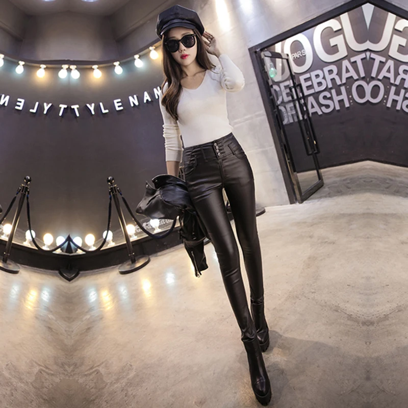 High Waist Women Leggings PU Leather Legging Thick Winter Wear Female Warm Streetwear Pants 2019 New Fashion Lady Trousers | Женская