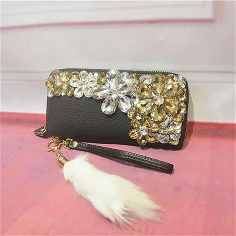 Роскошный женский кошелек стразы на запястье из искусственной кожи с длинной