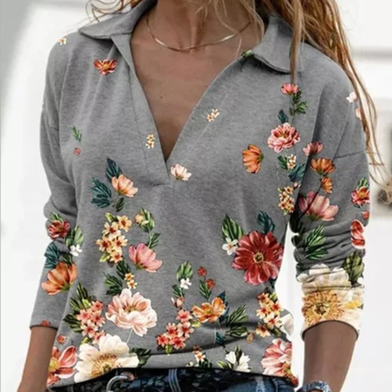 

Женские весенние свитшоты, блузка, винтажная рубашка с длинным рукавом, Женский пуловер с цветочным принтом и V-образным вырезом, дамские повседневные рубашки, женские топы