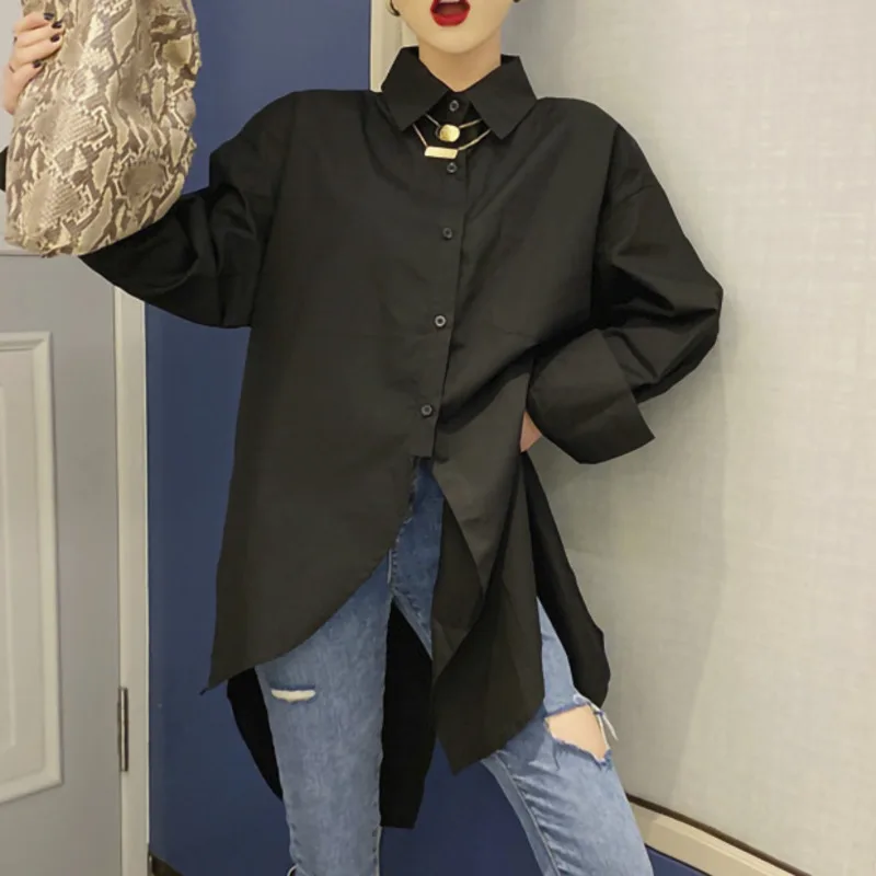 

LANMREM 2021 Spring Autumn Women Shirts Loose Irregular Blouse Turn-down Collar Long Sleeve Female Tops Fashion New Tide 2A3564