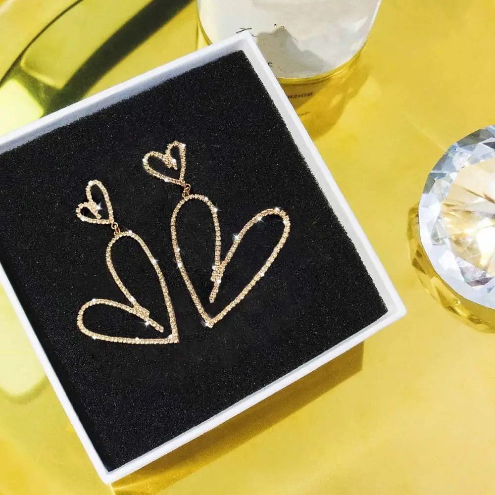 Серьги-гвоздики с блестящим кристаллом в форме сердца стразы большие висячие