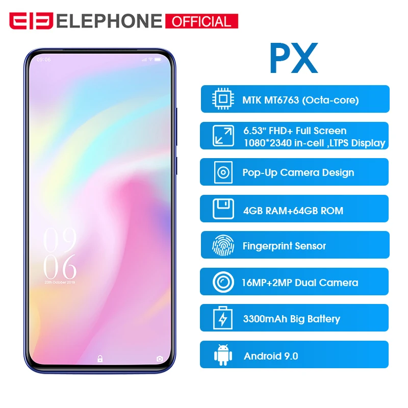 Elephone PX 6,5" FHD+ полноэкранная всплывающая камера 16 МП 3300 мАч глобальный мобильный телефон Android 9,0 MT6763 type C смартфон