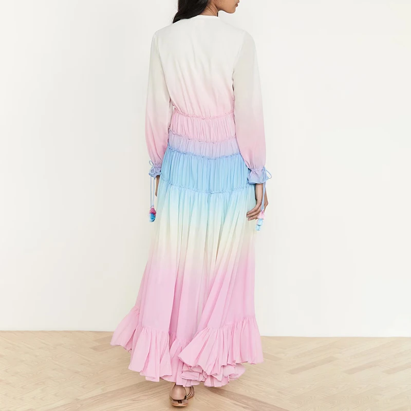 

Hit Color Spring Dress For Women V Neck Long Sleeve High Waist Print Loose Vintage Dresses Female Fashion New Style