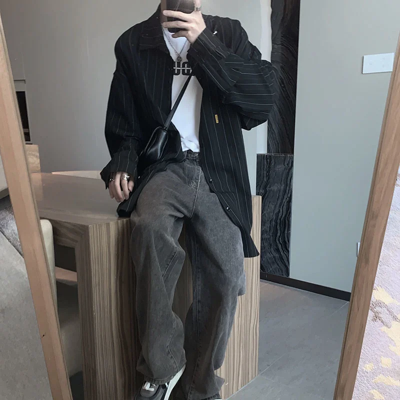 

IEFB 2021 Autumn New Stripe Black Long Sleeve Shirt Men's Simple All-match Loose Trend Boyfriends Handsome Tops Ins Trend 9D0229