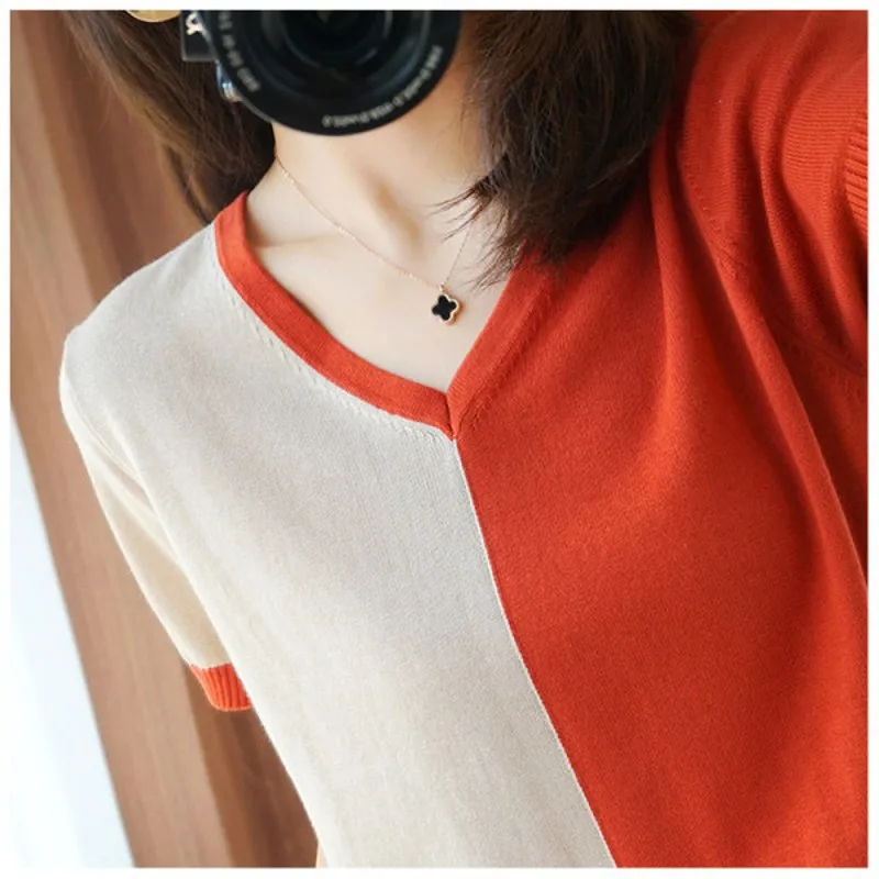 

women's T-shirt short sleeve color matching V-neck Korean style slim cotton fashion T-shirt top women's clothing spring and sum