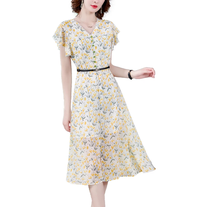 

2021 Summer Floral Chiffon Beach V-Neck Midi Dresses Vintage 2XL Plus Size Office Sundress Female Classy Bodycon Party Vestidos