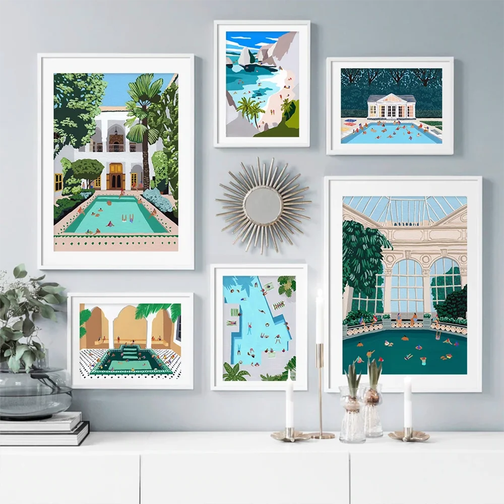 

Swimming Pool Summer Seaside Vacation Illustration Canvas Painting Wall Art Poster Prints Picture Room Nordic Home Decor Living