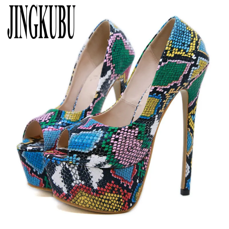 

JINGKUBU 2019 New Fashion Multicolor Serpentine Women Pumps Wedding Shoes Women High Heels 16.5CM Platform Peep Toe Pumps Woman
