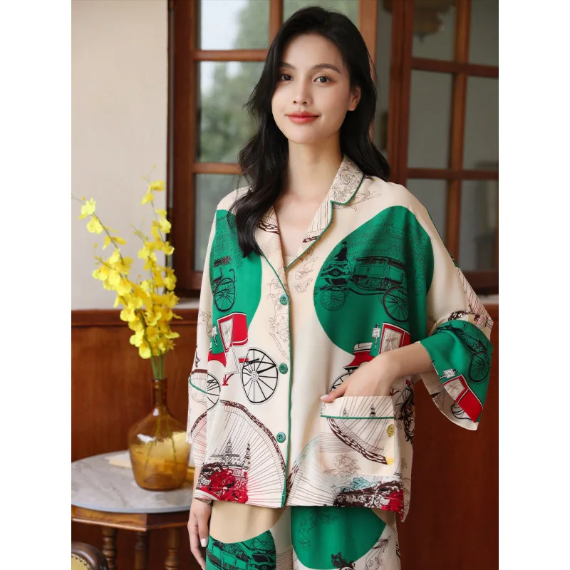 Printed Pajamas Women's Ice Silk New Two-piece Pants with Seven Sleeves