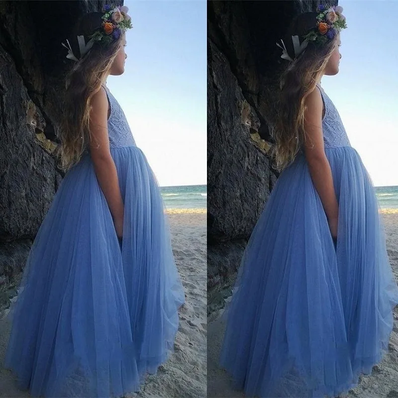 

Blue Toddler Flower Girl Dresses Tulle Lace O-Neck Brithday Graduatioin Party A-Line Gown Sleeveless First Communion Dresses