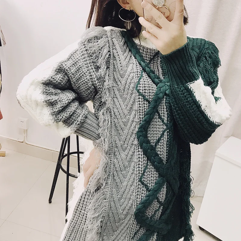 LANMREM 2020 Новая мода хит цвет лоскутное кисточкой свитер женский длинный рукав