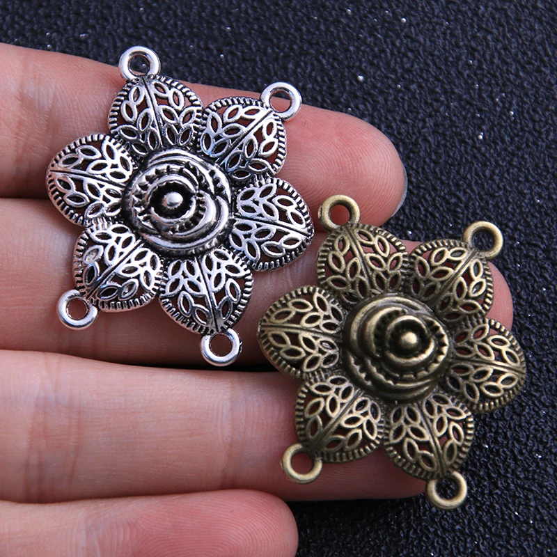 4pcs 32*35mm Retro Two Color Zinc Alloy Hollow Flower Pendants Connectors Linker For DIY Charm Jewelry Accessorie|Ювелирная