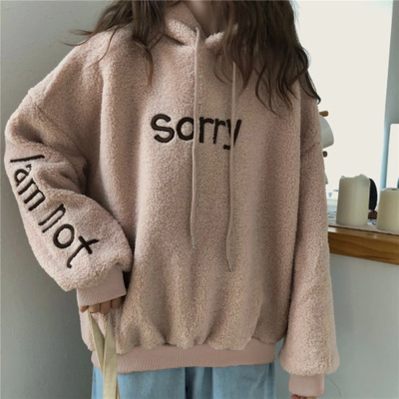 

2020 New Autumn and Winter women tops Hooded Embroidery letters Loose plus size Imitation cashmere Cute Girls hoodie All-match