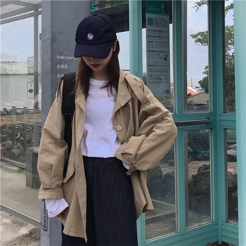 Trench Women Fashionable Gothic Japan Style Harajuku High Street Streetwear Solid Turn-down Collar Retro Bf Casual Coats Chic | Женская