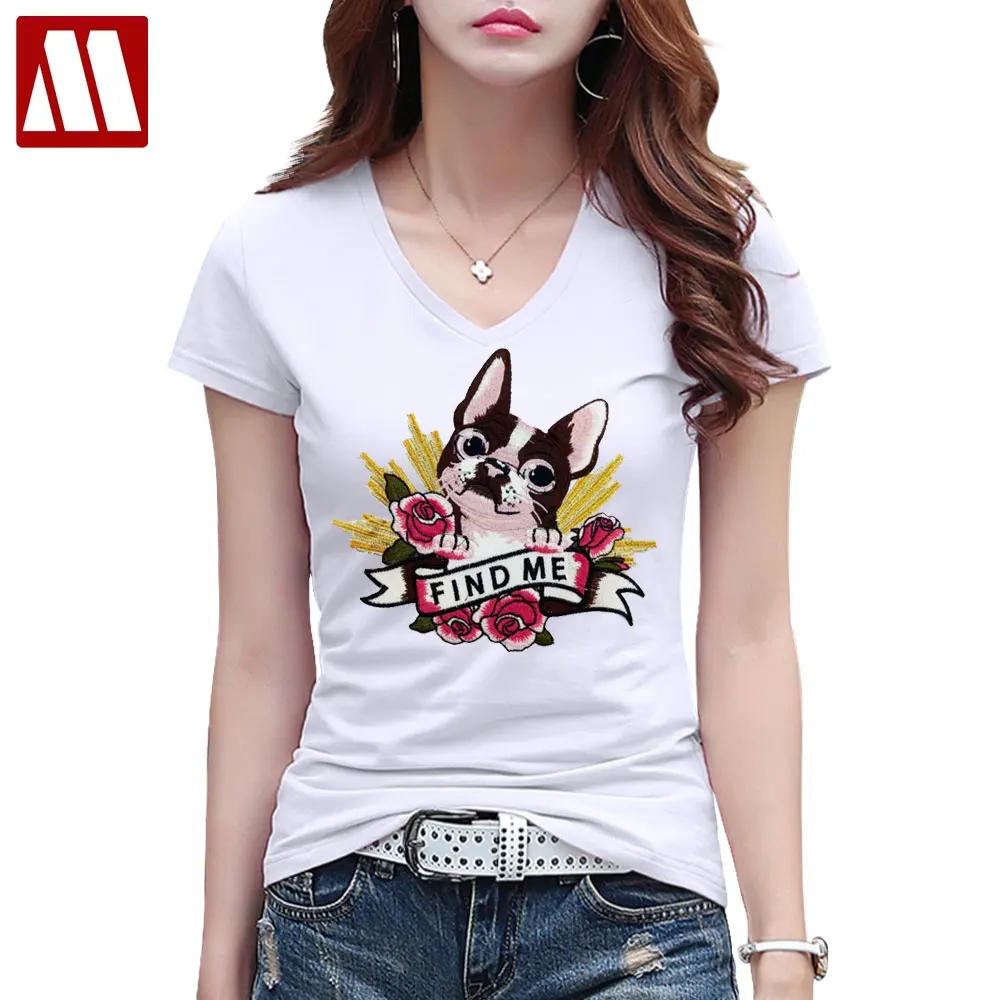 2021 Новое поступление женское платье с милой собачкой и вышитыми розами футболки