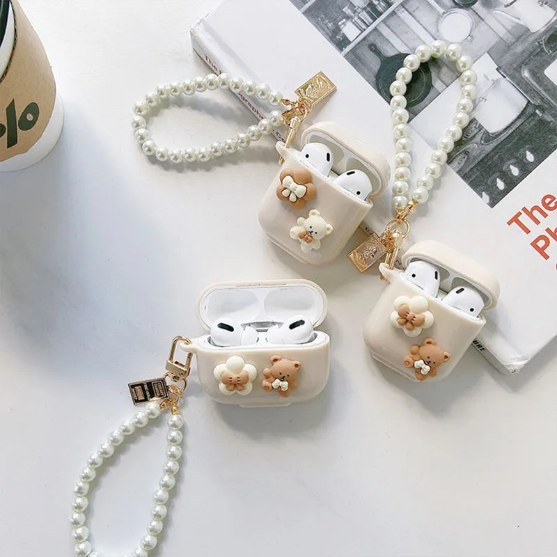 Фото Чехол для наушников Apple AirPods Pro 3, милый Простой ТПУ чехол с украшением в виде вишневого медведя, жемчужный браслет для ключей 1, 2 №4