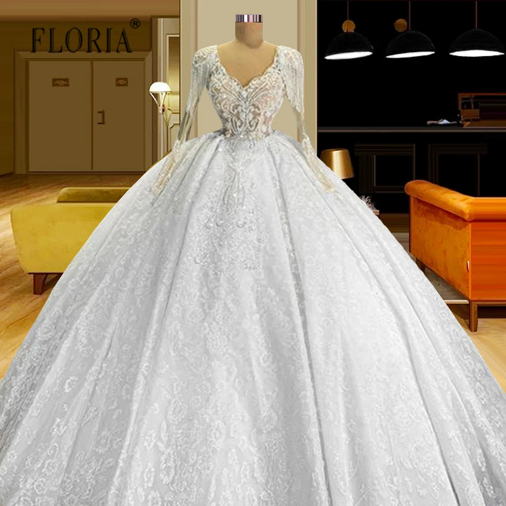 

Gorgeous Long Sleeve Tassel Beading Wedding Dresses 2022 Boat Neck Robe De Mariee Lace Appliques Vestido De Novia Bridal Gowns