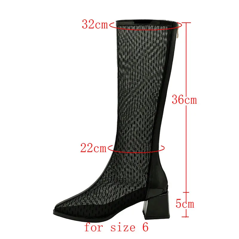 

Black Beige New Summer Women Boots Fashion Zipper Breathable Mesh Knee High Boots Patent Leather Square Heel Boots Size 33-46