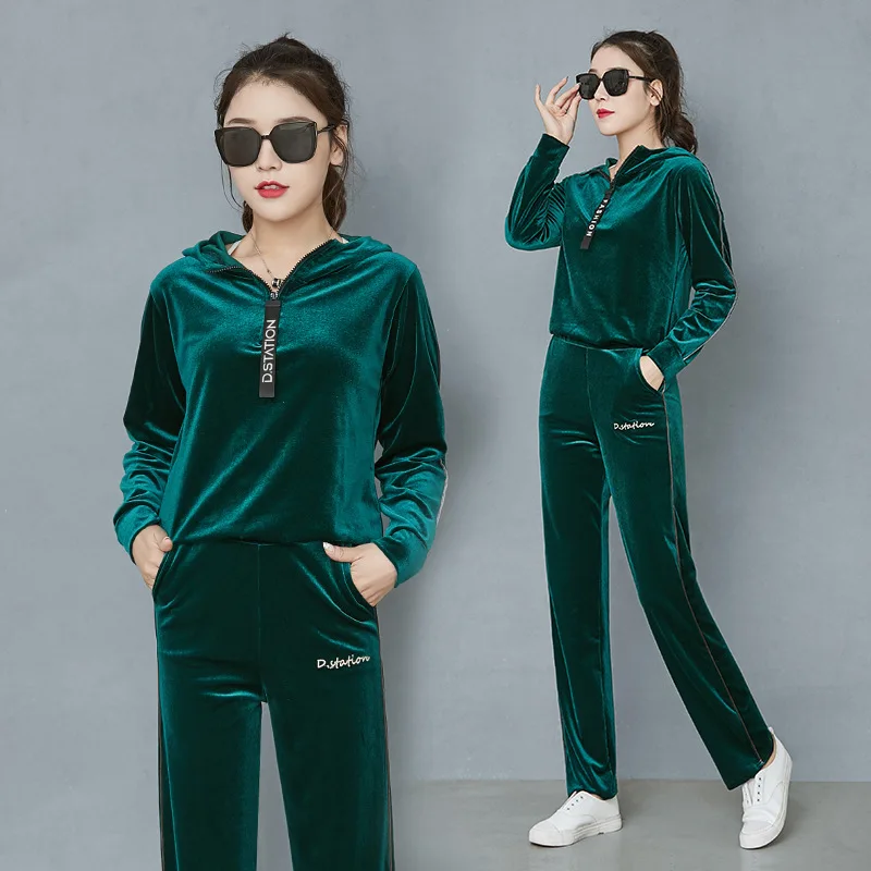 Green shirt straight Осенняя и зимняя женская куртка спортивная модная повседневная мягкая велюровая Толстовка комплект из 2 предметов пуловер с длинными рукавами спортивные костюмы - Цвет: Green shirt straight