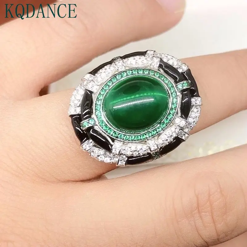 

KQDANCE Large Green Stone Black Enamel Created Emerald Pearl Diamond Gemstones Ring Cocktail Party Finger Ring Jewelry For Women