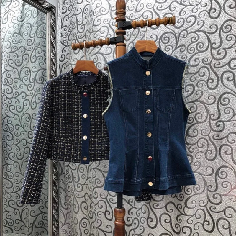 

New High Quality Women's Set Spring Autumn Winter Ladies Vest Denim Tops Coats+Long Sleeve Wool Blends Coat Jackets Set 2 pcs
