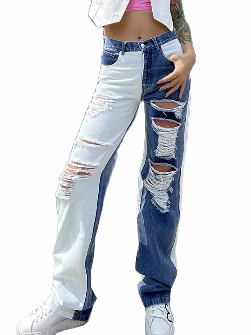 

Ladies High Street Ripped Jeans American Net Red Boyfriend Loose Straight-Leg Quality